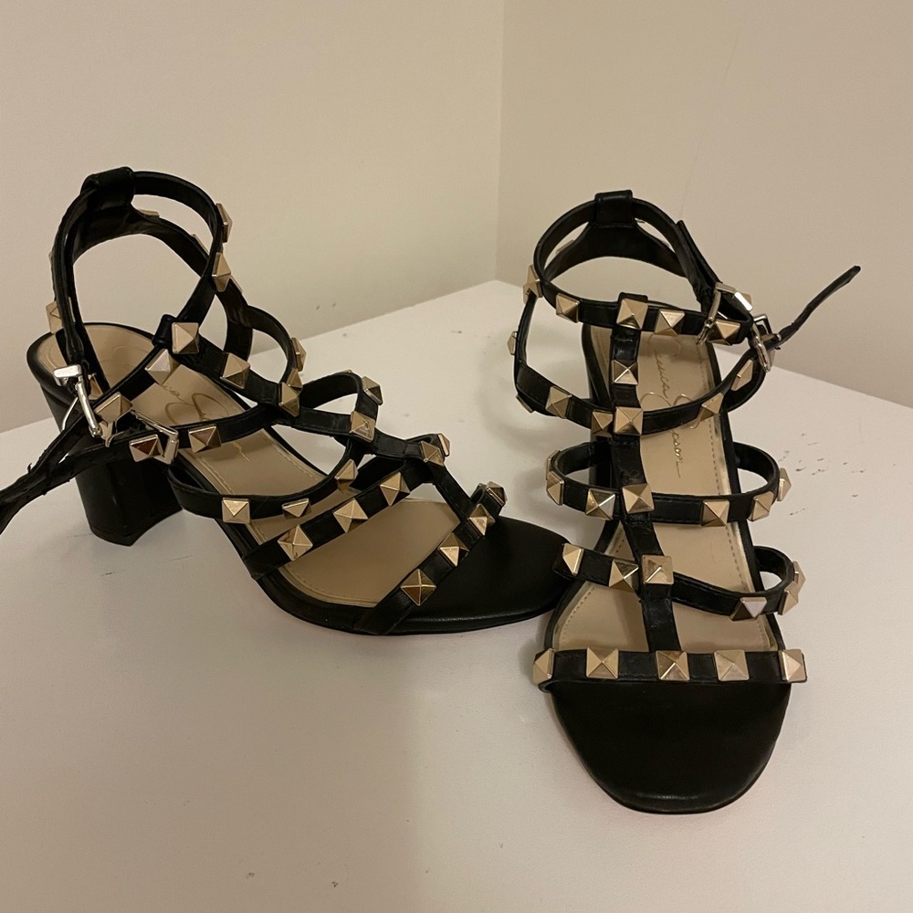 New! Jessica Simpson, Black size 6 sandals with gold studs and ankle straps!